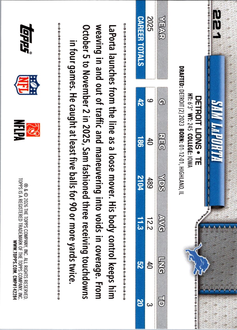 2026 Topps Flagship #221 Sam LaPorta back
