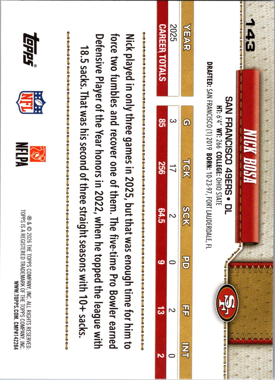 2026 Topps Flagship #143 Nick Bosa back