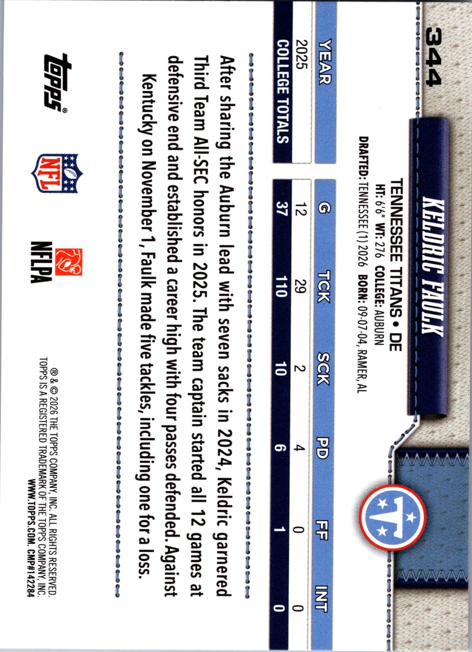 2026 Topps Flagship #344 Keldric Faulk RC back