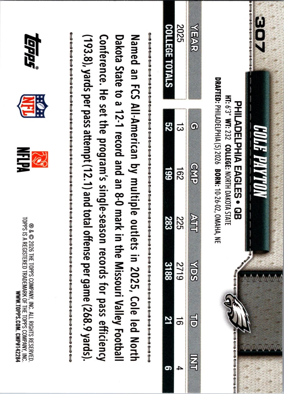 2026 Topps Flagship #307 Cole Payton RC back