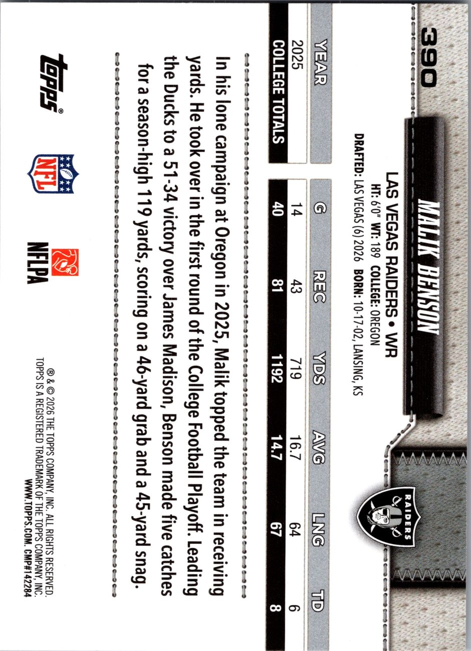 2026 Topps Flagship #390 Malik Benson RC back