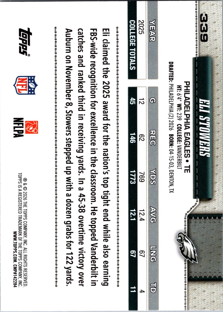2026 Topps Flagship #339 Eli Stowers RC back