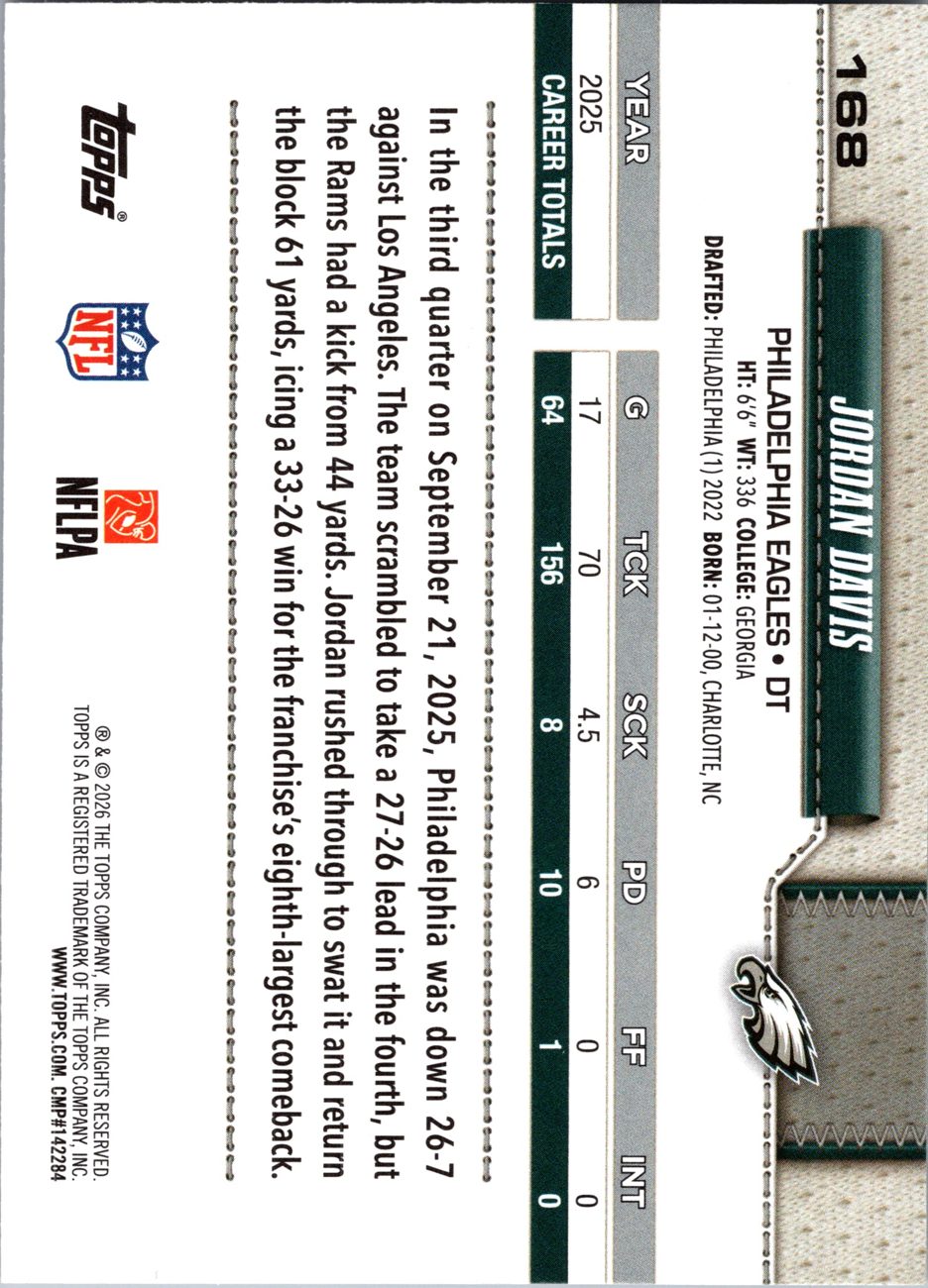2026 Topps Flagship #168 Jordan Davis back