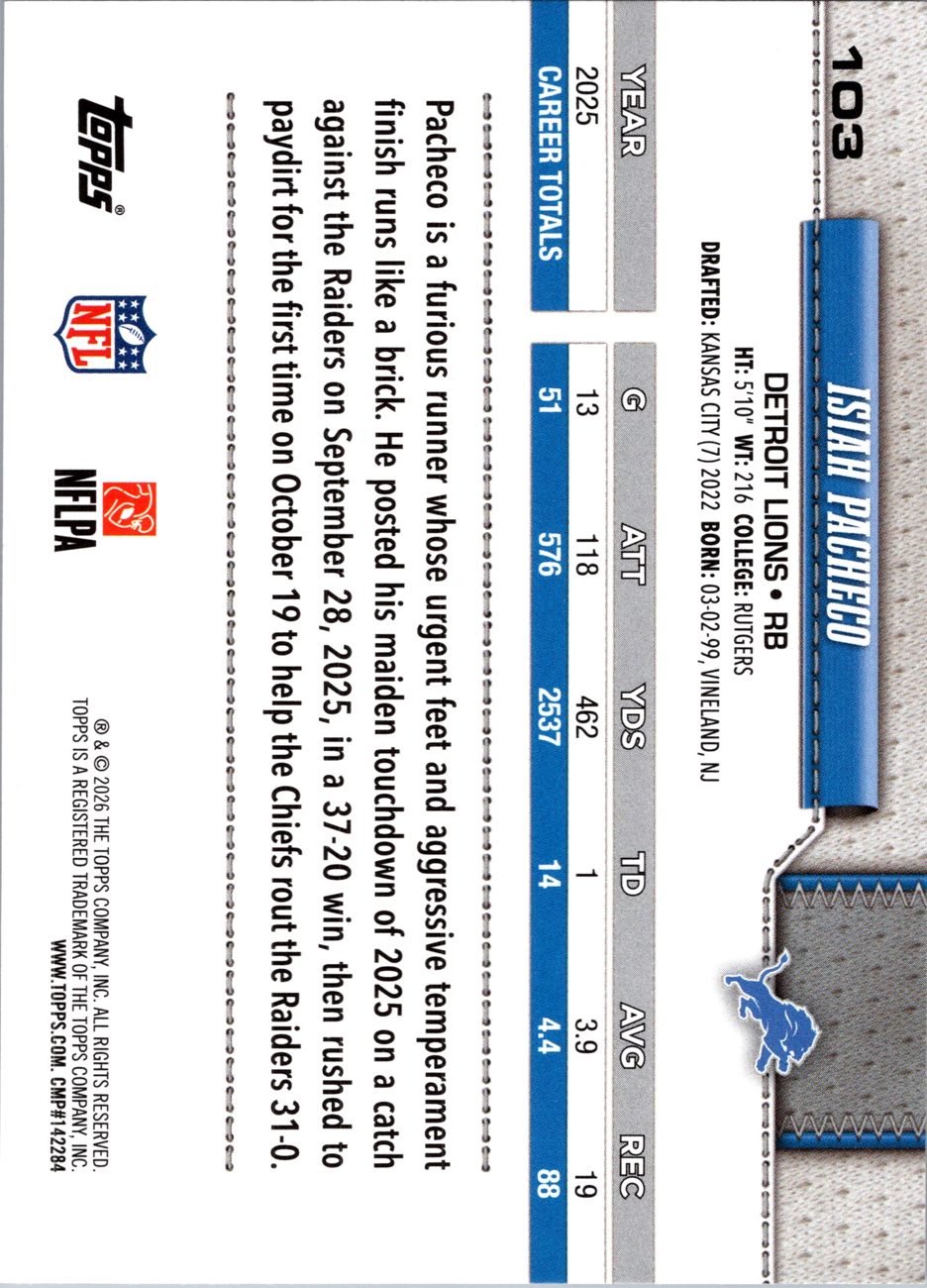 2026 Topps Flagship #103 Isiah Pacheco back