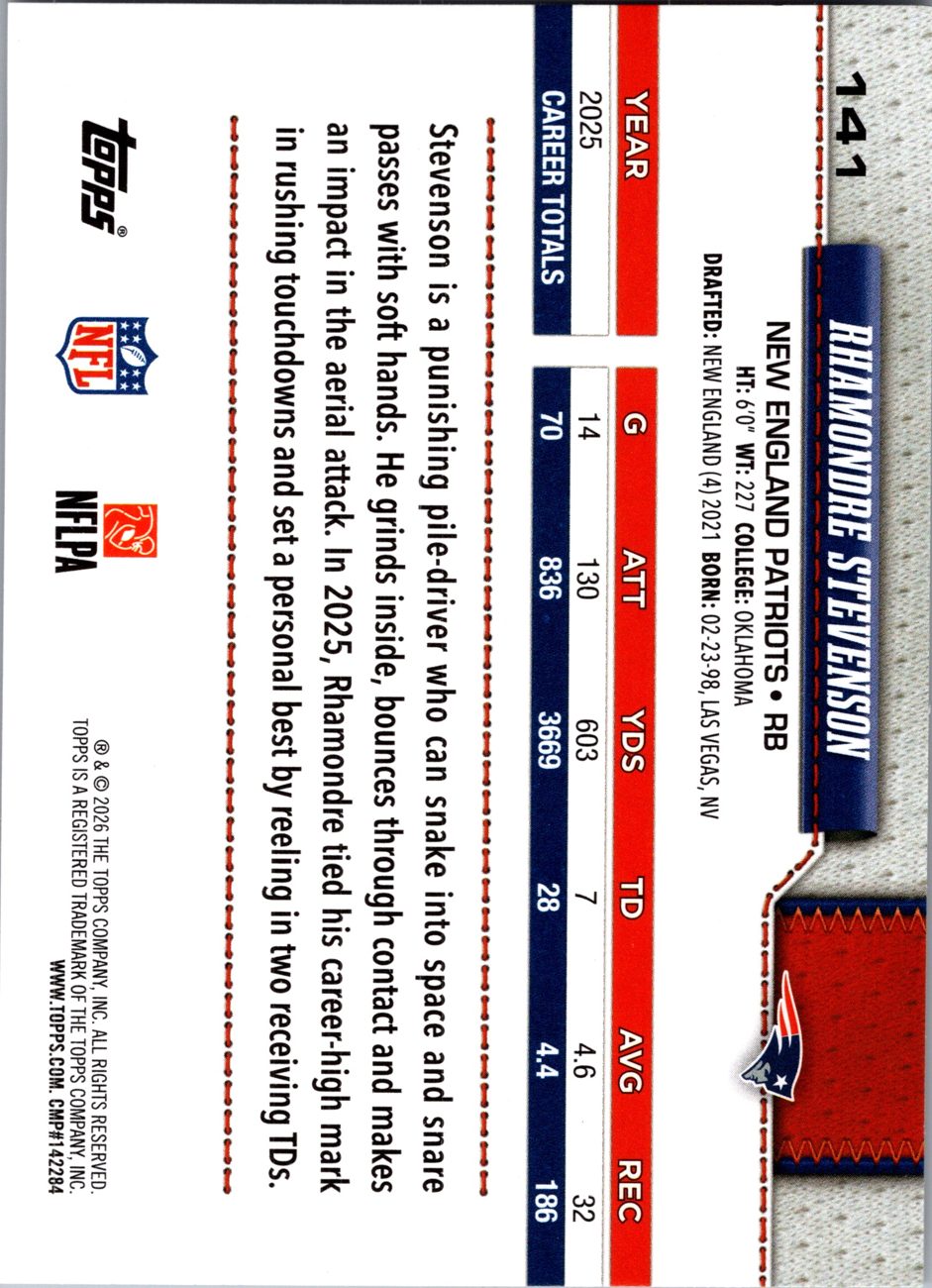 2026 Topps Flagship #141 Rhamondre Stevenson back