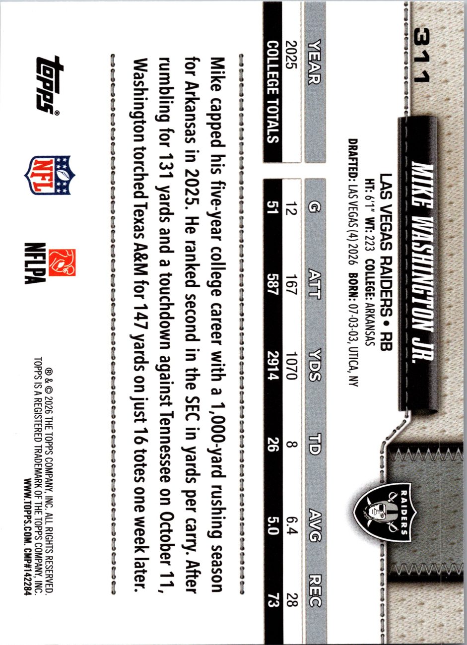 2026 Topps Flagship #311 Mike Washington Jr. RC back