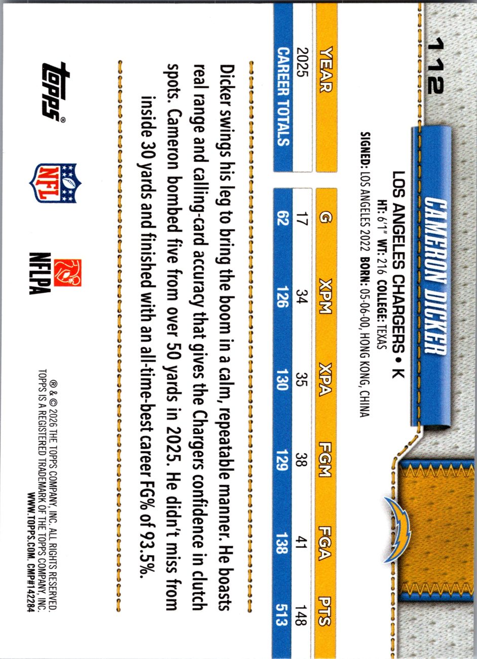 2026 Topps Flagship #112 Cameron Dicker back