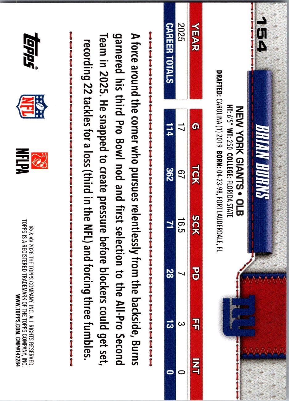 2026 Topps Flagship #154 Brian Burns back