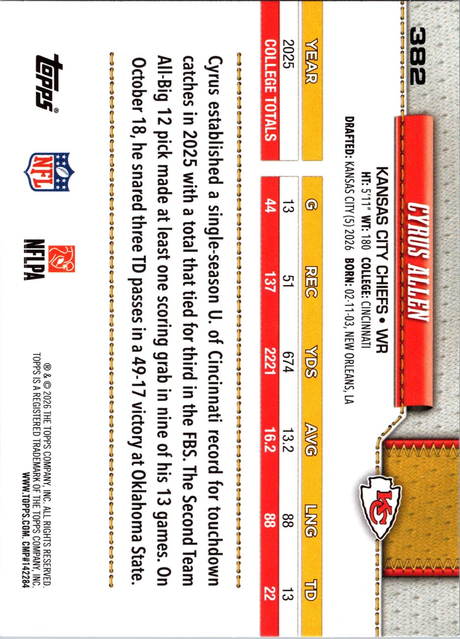 2026 Topps Flagship #382 Cyrus Allen RC back