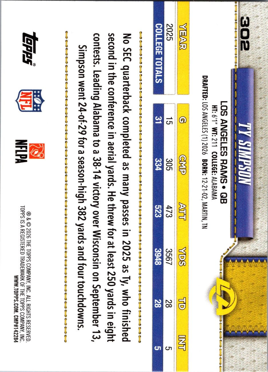 2026 Topps Flagship #302 Ty Simpson RC back