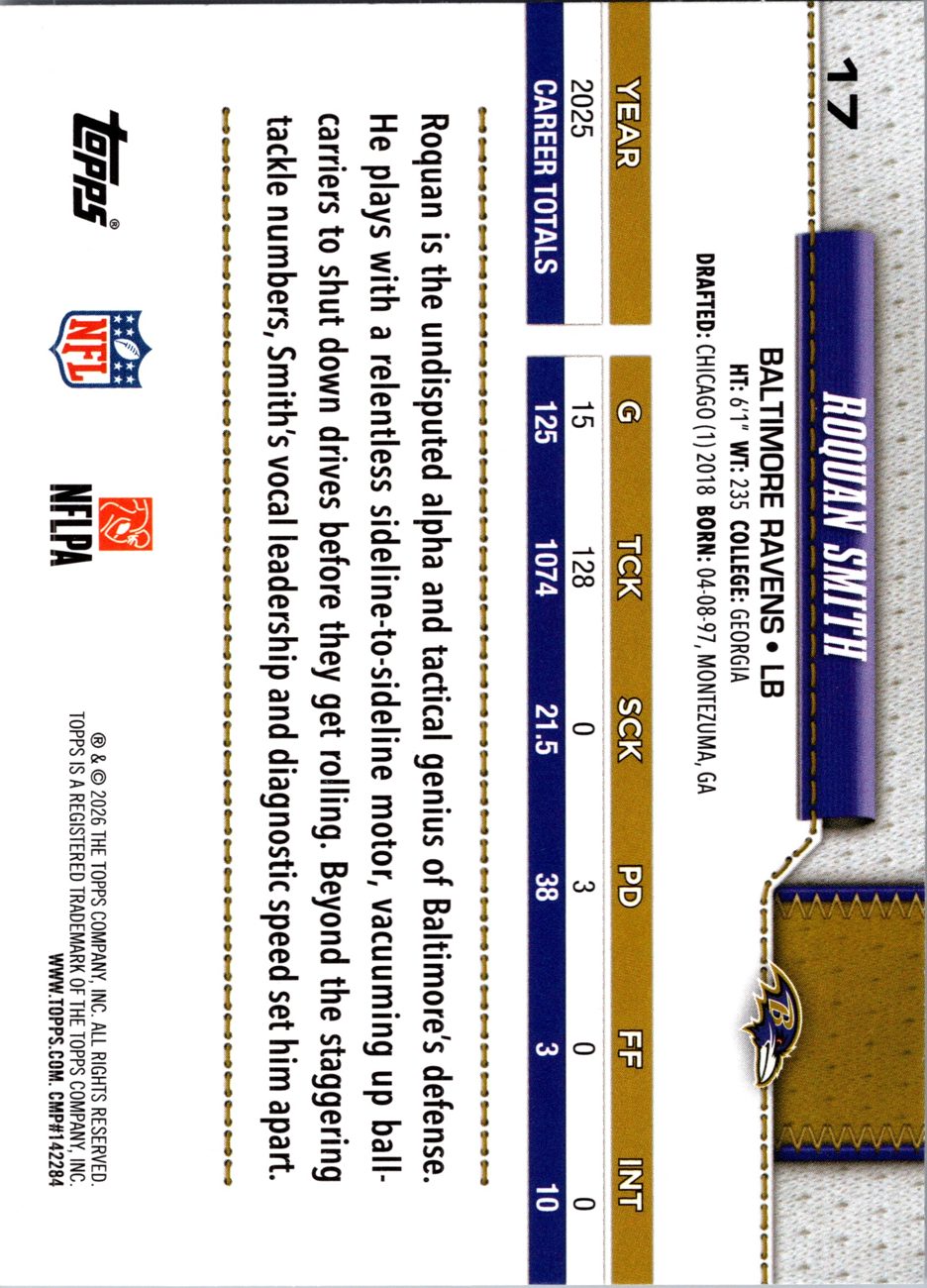 2026 Topps Flagship #17 Roquan Smith back
