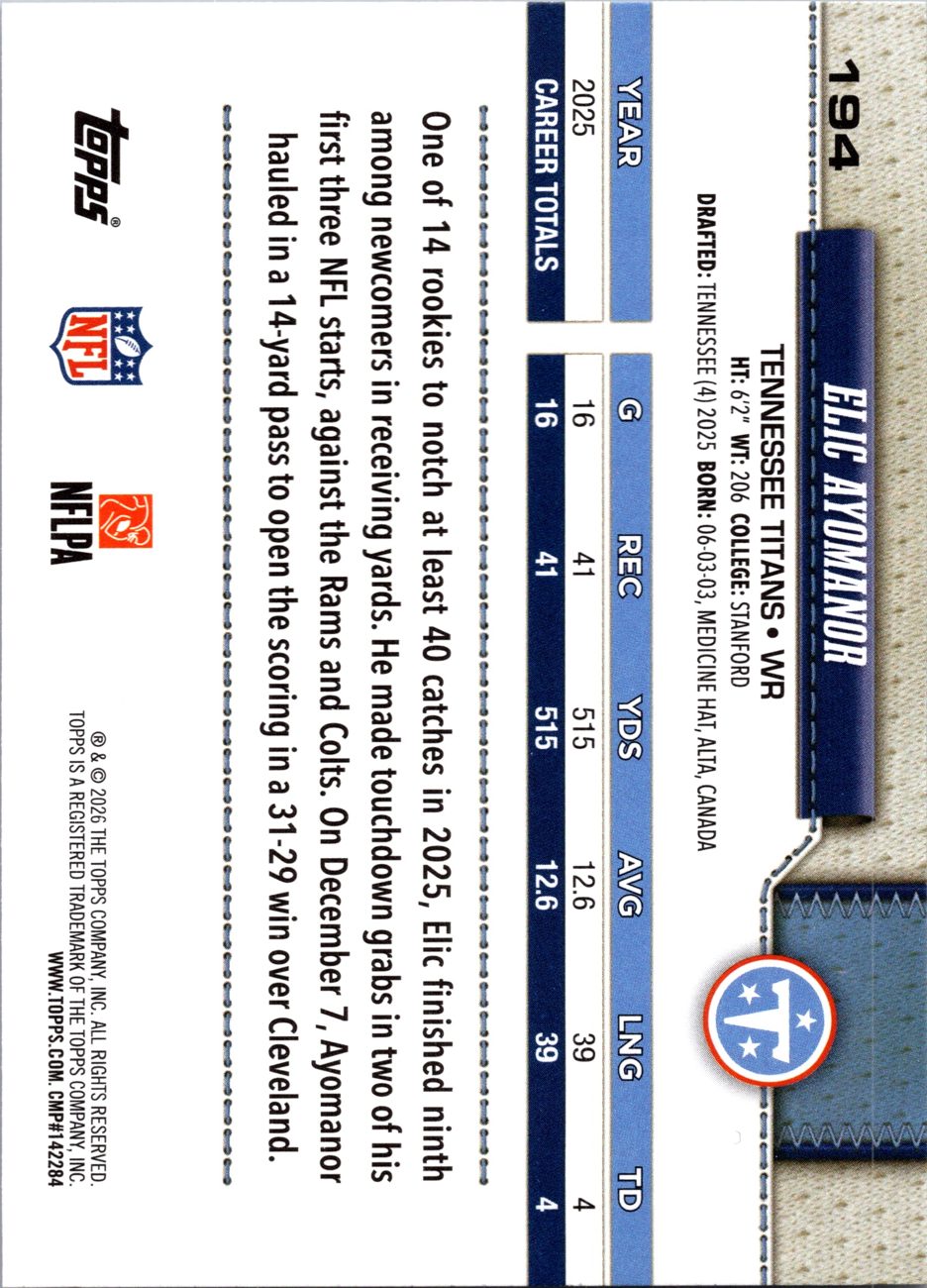 2026 Topps Flagship #194 Elic Ayomanor back