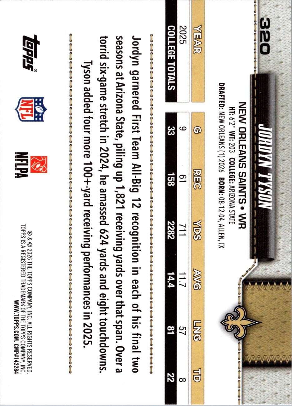 2026 Topps Flagship #320 Jordyn Tyson RC back