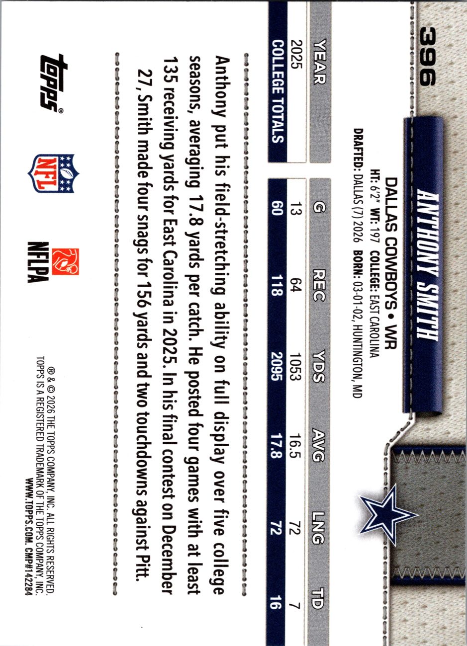 2026 Topps Flagship #396 Anthony Smith RC back