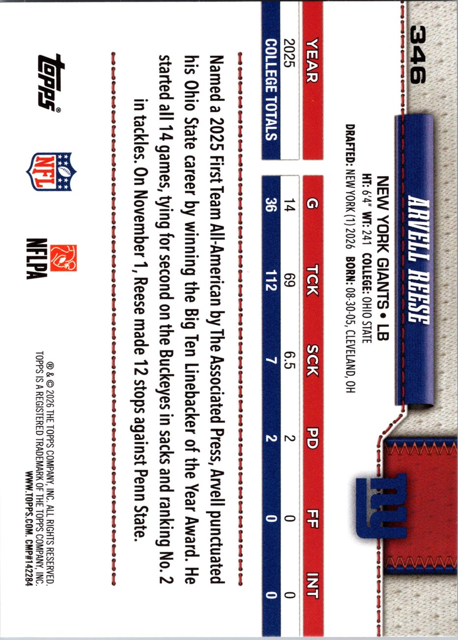 2026 Topps Flagship #346 Arvell Reese RC back