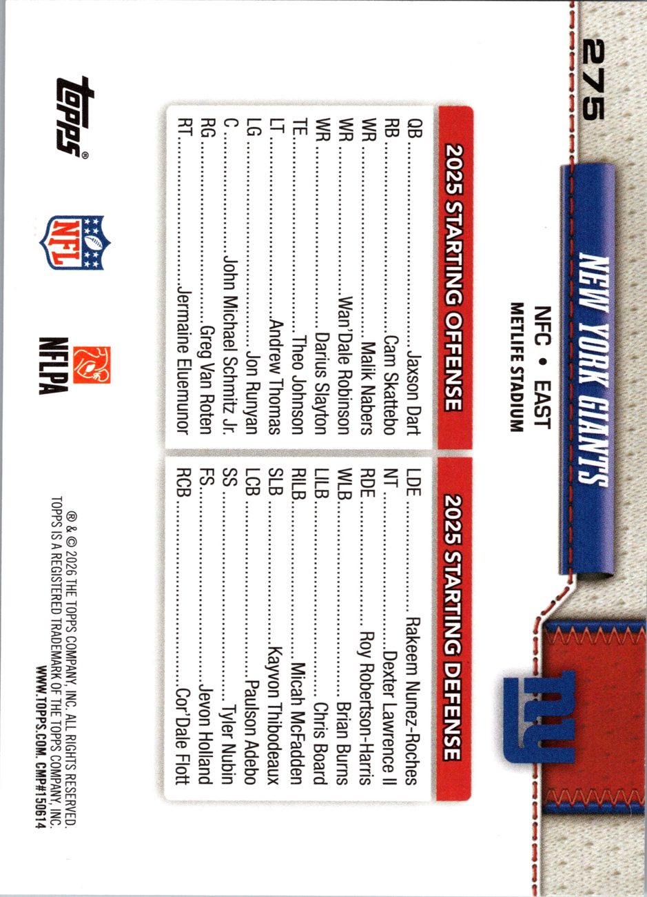 2026 Topps Flagship #275 New York Giants back