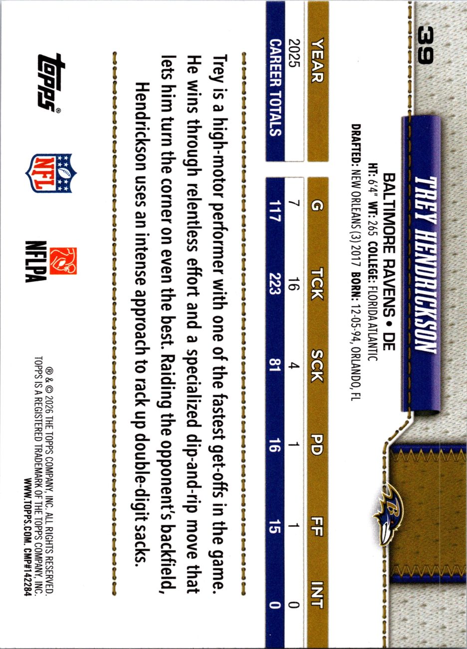 2026 Topps Flagship #39 Trey Hendrickson back