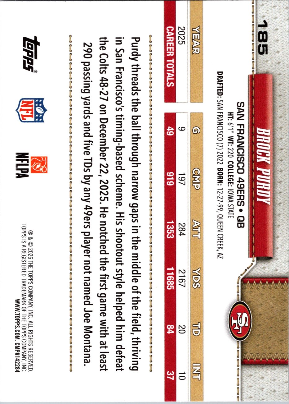 2026 Topps Flagship #185 Brock Purdy back